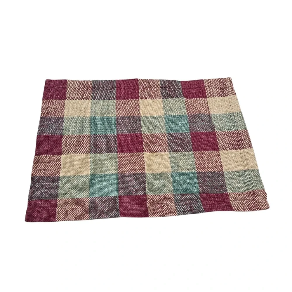 Pottery Barn Placemats Set of 8 Cotton Woven Plaid Burgundy Teal Beige Country‎